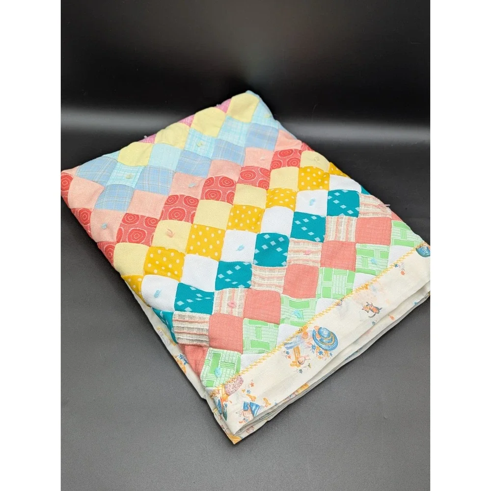 VTG 38x46 Baby Blanket Square Crib Quilted Multicolor Patchwork Holly Hobbie